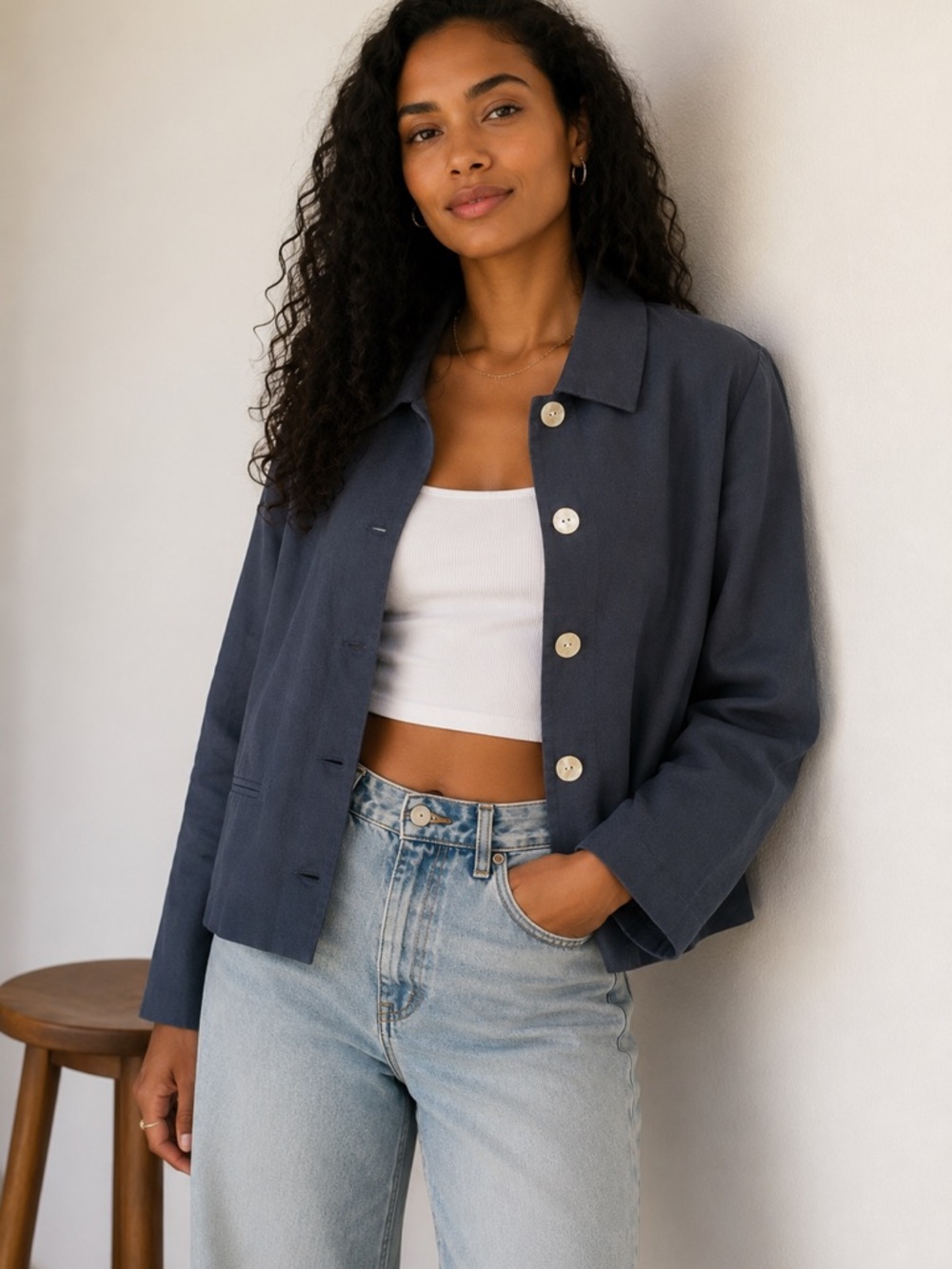 NWOT Orvis Womens 10 Navy Linen Blend Button Front Casual Blazer